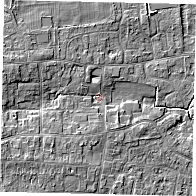 Shaded relief map of the ground around HU165RW, computed from Environment Agency LiDAR. The ground here sits at about 7 m above sea level and falls 8 m across the surrounding 800 m. Surface water reaching this point runs off ground lying to the west-north-west, 6.7 m higher.