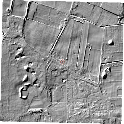Shaded relief map of the ground around HU165RX, computed from Environment Agency LiDAR. The ground here sits at about 12 m above sea level and falls 10 m across the surrounding 800 m. Surface water reaching this point runs off ground lying to the west, 2.8 m higher.