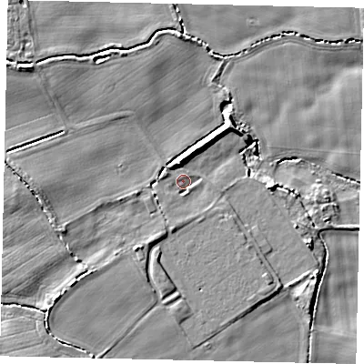 Shaded relief map of the ground around HU165SB, computed from Environment Agency LiDAR. The ground here sits at about 9 m above sea level and falls 8 m across the surrounding 800 m. Surface water reaching this point runs off ground lying to the south-west, 4.4 m higher.