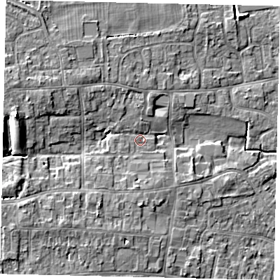 Shaded relief map of the ground around HU165SS, computed from Environment Agency LiDAR. The ground here sits at about 8 m above sea level and falls 11 m across the surrounding 800 m. Surface water reaching this point runs off ground lying to the west, 8.0 m higher.