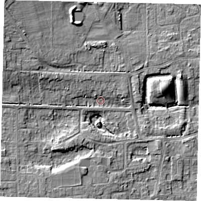 Shaded relief map of the ground around HU165YE, computed from Environment Agency LiDAR. The ground here sits at about 12 m above sea level and falls 11 m across the surrounding 800 m. Surface water reaching this point runs off ground lying to the west-north-west, 10.0 m higher.