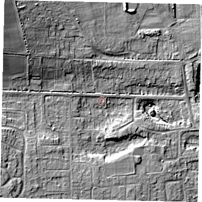 Shaded relief map of the ground around HU165YF, computed from Environment Agency LiDAR. The ground here sits at about 13 m above sea level and falls 17 m across the surrounding 800 m. Surface water reaching this point runs off ground lying to the north-west, 1.3 m higher.