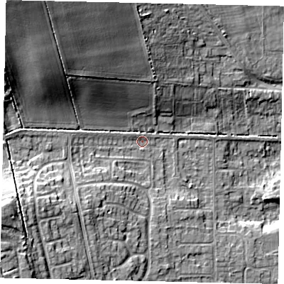 Shaded relief map of the ground around HU165YG, computed from Environment Agency LiDAR. The ground here sits at about 15 m above sea level and falls 23 m across the surrounding 800 m. Surface water reaching this point runs off ground lying to the west-south-west, 12.9 m higher.
