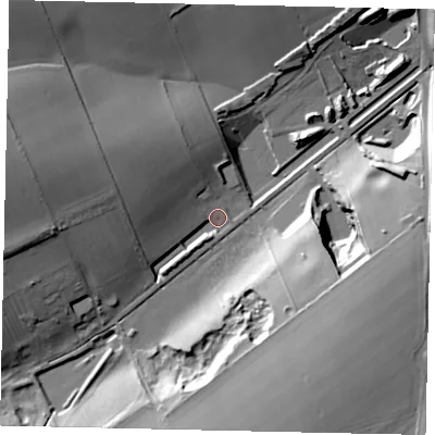 Shaded relief map of the ground around HU165YJ, computed from Environment Agency LiDAR. The ground here sits at about 27 m above sea level and falls 30 m across the surrounding 800 m. Surface water reaching this point runs off ground lying to the west-north-west, 25.8 m higher.