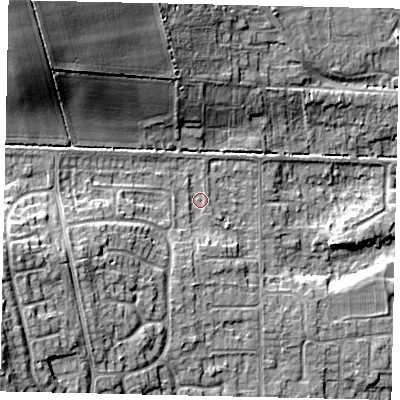 Shaded relief map of the ground around HU165YQ, computed from Environment Agency LiDAR. The ground here sits at about 15 m above sea level and falls 20 m across the surrounding 800 m. Surface water reaching this point runs off ground lying to the west-south-west, 11.1 m higher.