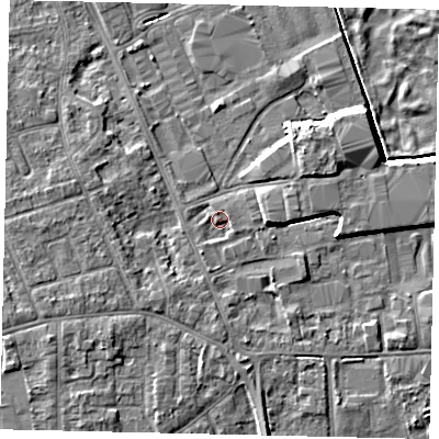 Shaded relief map of the ground around HU170DB, computed from Environment Agency LiDAR. The ground here sits at about 4 m above sea level and falls 7 m across the surrounding 800 m. Surface water reaching this point runs off ground lying to the south-south-west, 1.2 m higher.