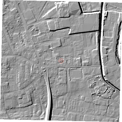 Shaded relief map of the ground around HU170DD, computed from Environment Agency LiDAR. The ground here sits at about 4 m above sea level and falls 10 m across the surrounding 800 m. Surface water reaching this point runs off ground lying to the west-north-west, 1.0 m higher.