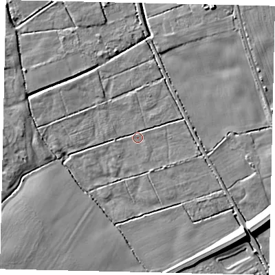 Shaded relief map of the ground around HU170EF, computed from Environment Agency LiDAR. The ground here sits at about 7 m above sea level and falls 11 m across the surrounding 800 m. Surface water reaching this point runs off ground lying to the south-west, 8.7 m higher.