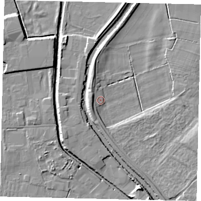 Shaded relief map of the ground around HU170FF, computed from Environment Agency LiDAR. The ground here sits at about 2 m above sea level and falls 9 m across the surrounding 800 m. Surface water reaching this point runs off ground lying to the west-north-west, 4.5 m higher.
