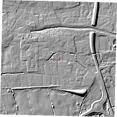 Shaded relief map of the ground around HU170FZ, computed from Environment Agency LiDAR. The ground here sits at about 6 m above sea level and falls 9 m across the surrounding 800 m. Surface water reaching this point runs off ground lying to the north-west, 3.1 m higher.