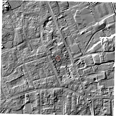 Shaded relief map of the ground around HU170JA, computed from Environment Agency LiDAR. The ground here sits at about 5 m above sea level and falls 7 m across the surrounding 800 m. Surface water reaching this point runs off ground lying to the west-north-west, 1.4 m higher.