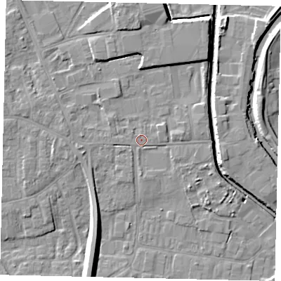 Shaded relief map of the ground around HU170JG, computed from Environment Agency LiDAR. The ground here sits at about 4 m above sea level and falls 10 m across the surrounding 800 m. Surface water reaching this point runs off ground lying to the south, 1.2 m higher.