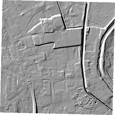 Shaded relief map of the ground around HU170JN, computed from Environment Agency LiDAR. The ground here sits at about 4 m above sea level and falls 8 m across the surrounding 800 m. Surface water reaching this point runs off ground lying to the north-west, 3.8 m higher.