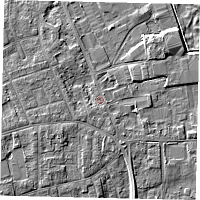 Shaded relief map of the ground around HU170JU, computed from Environment Agency LiDAR. The ground here sits at about 4 m above sea level and falls 7 m across the surrounding 800 m. Surface water reaching this point runs off ground lying to the south-west, 1.3 m higher.