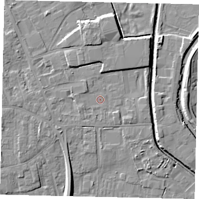 Shaded relief map of the ground around HU170JW, computed from Environment Agency LiDAR. The ground here sits at about 4 m above sea level and falls 9 m across the surrounding 800 m. Surface water reaching this point runs off ground lying to the north-north-west, 3.4 m higher.