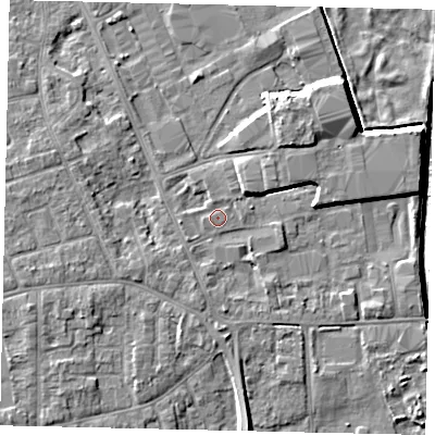 Shaded relief map of the ground around HU170JX, computed from Environment Agency LiDAR. The ground here sits at about 4 m above sea level and falls 8 m across the surrounding 800 m. Surface water reaching this point runs off ground lying to the south, 1.1 m higher.