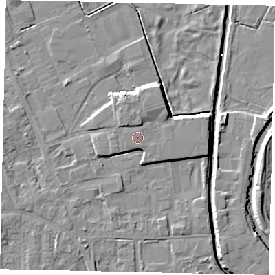 Shaded relief map of the ground around HU170LA, computed from Environment Agency LiDAR. The ground here sits at about 6 m above sea level and falls 8 m across the surrounding 800 m. The ground contributing surface water to this point lies to the west-south-west.