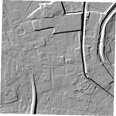 Shaded relief map of the ground around HU170LQ, computed from Environment Agency LiDAR. The ground here sits at about 4 m above sea level and falls 10 m across the surrounding 800 m. Surface water reaching this point runs off ground lying to the east, 1.2 m higher.