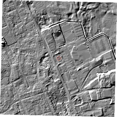 Shaded relief map of the ground around HU170LS, computed from Environment Agency LiDAR. The ground here sits at about 4 m above sea level and falls 7 m across the surrounding 800 m. Surface water reaching this point runs off ground lying to the south, 1.1 m higher.