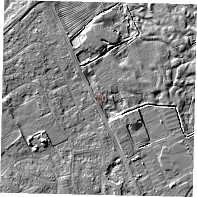 Shaded relief map of the ground around HU170LZ, computed from Environment Agency LiDAR. The ground here sits at about 4 m above sea level and falls 7 m across the surrounding 800 m. Surface water reaching this point runs off ground lying to the west-north-west, 1.0 m higher.