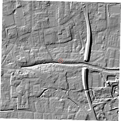Shaded relief map of the ground around HU170TW, computed from Environment Agency LiDAR. The ground here sits at about 4 m above sea level and falls 11 m across the surrounding 800 m. Surface water reaching this point runs off ground lying to the east-south-east, 7.4 m higher.
