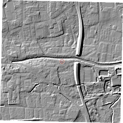 Shaded relief map of the ground around HU170UH, computed from Environment Agency LiDAR. The ground here sits at about 5 m above sea level and falls 11 m across the surrounding 800 m. Surface water reaching this point runs off ground lying to the east, 7.4 m higher.
