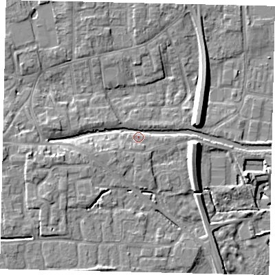 Shaded relief map of the ground around HU170UJ, computed from Environment Agency LiDAR. The ground here sits at about 5 m above sea level and falls 11 m across the surrounding 800 m. Surface water reaching this point runs off ground lying to the east, 7.4 m higher.