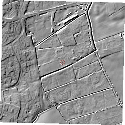 Shaded relief map of the ground around HU170WL, computed from Environment Agency LiDAR. The ground here sits at about 8 m above sea level and falls 13 m across the surrounding 800 m. Surface water reaching this point runs off ground lying to the west, 1.3 m higher.