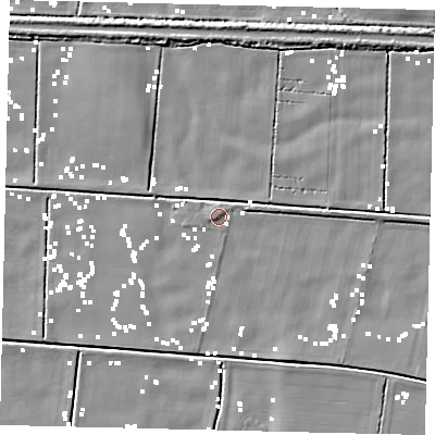 Shaded relief map of the ground around HU175LP, computed from Environment Agency LiDAR. The ground here sits at about 1 m above sea level and falls 5 m across the surrounding 800 m. Surface water reaching this point runs off ground lying to the north-north-east, 0.8 m higher.