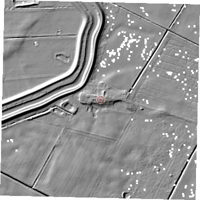 Shaded relief map of the ground around HU175LT, computed from Environment Agency LiDAR. The ground here sits at about 4 m above sea level and falls 7 m across the surrounding 800 m. Surface water reaching this point runs off ground lying to the east-north-east, 2.2 m higher.