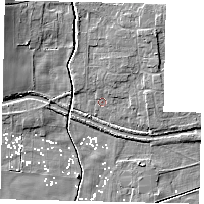 Shaded relief map of the ground around HU175NA, computed from Environment Agency LiDAR. The ground here sits at about 1 m above sea level and falls 10 m across the surrounding 800 m. Surface water reaching this point runs off ground lying to the north-north-east, 4.8 m higher.
