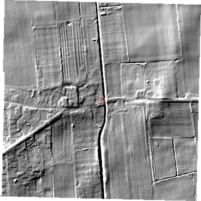 Shaded relief map of the ground around HU175NJ, computed from Environment Agency LiDAR. The ground here sits at about 6 m above sea level and falls 8 m across the surrounding 800 m. Surface water reaching this point runs off ground lying to the west-north-west, 7.0 m higher.