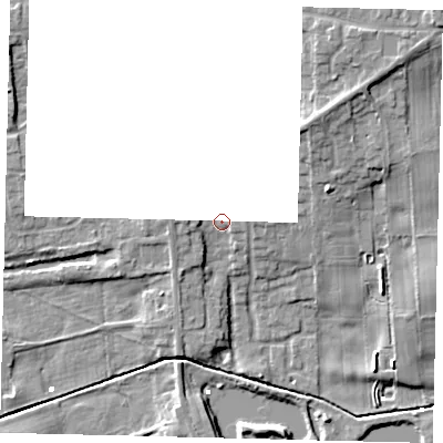 Shaded relief map of the ground around HU175NP, computed from Environment Agency LiDAR. The ground here sits at about 4 m above sea level and falls 10 m across the surrounding 800 m. Surface water reaching this point runs off ground lying to the west, 2.0 m higher.