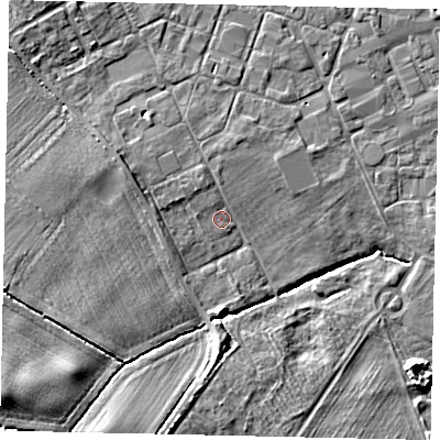 Shaded relief map of the ground around HU177LG, computed from Environment Agency LiDAR. The ground here sits at about 10 m above sea level and falls 7 m across the surrounding 800 m. Surface water reaching this point runs off ground lying to the west-north-west, 2.4 m higher.