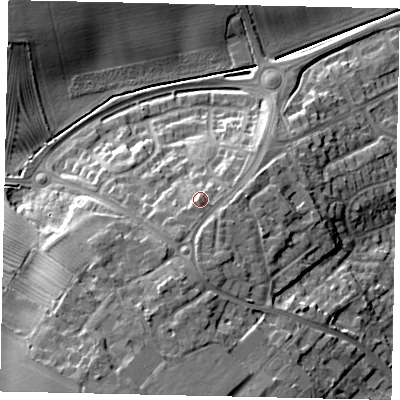 Shaded relief map of the ground around HU177LP, computed from Environment Agency LiDAR. The ground here sits at about 25 m above sea level and falls 22 m across the surrounding 800 m. Surface water reaching this point runs off ground lying to the south-west, 1.4 m higher.