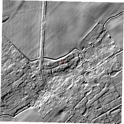 Shaded relief map of the ground around HU177ND, computed from Environment Agency LiDAR. The ground here sits at about 12 m above sea level and falls 7 m across the surrounding 800 m. Surface water reaching this point runs off ground lying to the north-north-west, 1.2 m higher.