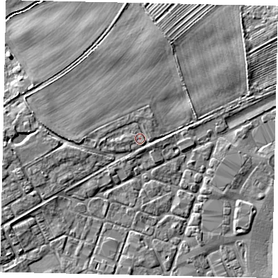 Shaded relief map of the ground around HU177NG, computed from Environment Agency LiDAR. The ground here sits at about 9 m above sea level and falls 5 m across the surrounding 800 m. Surface water reaching this point runs off ground lying to the west-south-west, 2.4 m higher.
