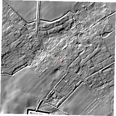 Shaded relief map of the ground around HU177NQ, computed from Environment Agency LiDAR. The ground here sits at about 12 m above sea level and falls 6 m across the surrounding 800 m. Surface water reaching this point runs off ground lying to the east-north-east, 1.2 m higher.