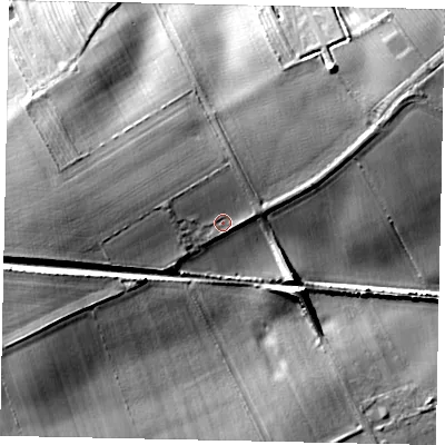 Shaded relief map of the ground around HU177PH, computed from Environment Agency LiDAR. The ground here sits at about 38 m above sea level and falls 13 m across the surrounding 800 m. Surface water reaching this point runs off ground lying to the west-north-west, 3.0 m higher.