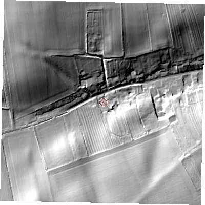 Shaded relief map of the ground around HU177QT, computed from Environment Agency LiDAR. The ground here sits at about 26 m above sea level and falls 24 m across the surrounding 800 m. Surface water reaching this point runs off ground lying to the south-south-east, 9.5 m higher.