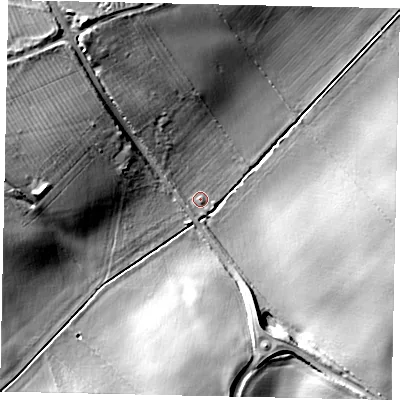 Shaded relief map of the ground around HU177RA, computed from Environment Agency LiDAR. The ground here sits at about 21 m above sea level and falls 16 m across the surrounding 800 m. Surface water reaching this point runs off ground lying to the north-north-west, 11.7 m higher.