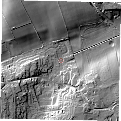 Shaded relief map of the ground around HU177RQ, computed from Environment Agency LiDAR. The ground here sits at about 24 m above sea level and falls 16 m across the surrounding 800 m. Surface water reaching this point runs off ground lying to the south-south-east, 12.4 m higher.