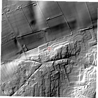 Shaded relief map of the ground around HU177SB, computed from Environment Agency LiDAR. The ground here sits at about 27 m above sea level and falls 18 m across the surrounding 800 m. Surface water reaching this point runs off ground lying to the south-south-west, 6.1 m higher.