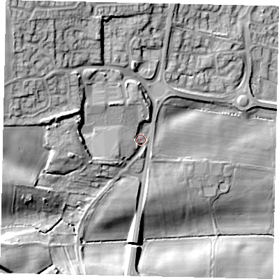 Shaded relief map of the ground around HU178PJ, computed from Environment Agency LiDAR. The ground here sits at about 25 m above sea level and falls 29 m across the surrounding 800 m. Surface water reaching this point runs off ground lying to the west-north-west, 13.5 m higher.