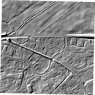 Shaded relief map of the ground around HU179GD, computed from Environment Agency LiDAR. The ground here sits at about 7 m above sea level and falls 9 m across the surrounding 800 m. Surface water reaching this point runs off ground lying to the west, 3.4 m higher.