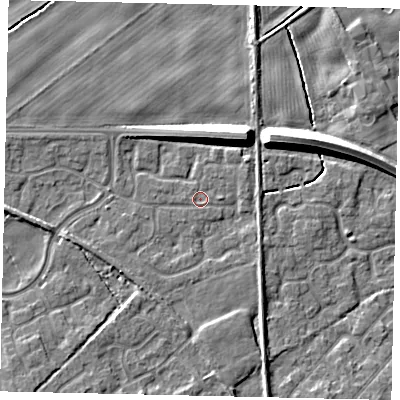 Shaded relief map of the ground around HU179GJ, computed from Environment Agency LiDAR. The ground here sits at about 6 m above sea level and falls 9 m across the surrounding 800 m. Surface water reaching this point runs off ground lying to the north, 5.3 m higher.
