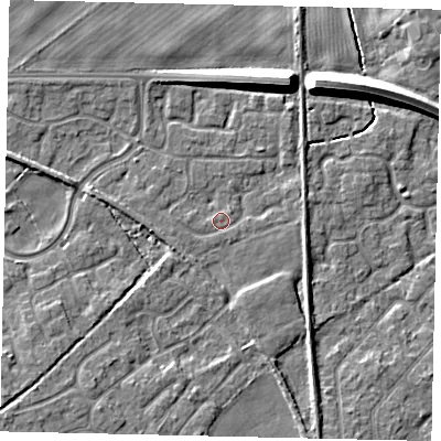 Shaded relief map of the ground around HU179GL, computed from Environment Agency LiDAR. The ground here sits at about 6 m above sea level and falls 9 m across the surrounding 800 m. Surface water reaching this point runs off ground lying to the west-south-west, 1.2 m higher.