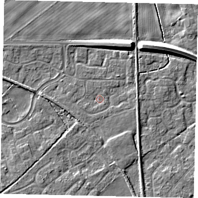 Shaded relief map of the ground around HU179GN, computed from Environment Agency LiDAR. The ground here sits at about 6 m above sea level and falls 9 m across the surrounding 800 m. Surface water reaching this point runs off ground lying to the south-west, 4.5 m higher.