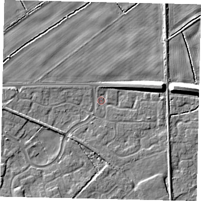 Shaded relief map of the ground around HU179GR, computed from Environment Agency LiDAR. The ground here sits at about 6 m above sea level and falls 9 m across the surrounding 800 m. Surface water reaching this point runs off ground lying to the east-north-east, 5.4 m higher.