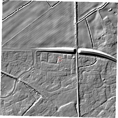 Shaded relief map of the ground around HU179GS, computed from Environment Agency LiDAR. The ground here sits at about 6 m above sea level and falls 10 m across the surrounding 800 m. Surface water reaching this point runs off ground lying to the north, 5.3 m higher.